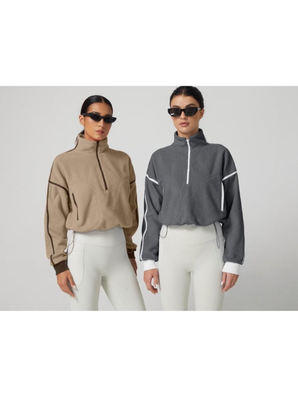 Women’s Khaki Long Sleeve Half ZIP Pullover Cropped Sweatshirt Fleece Jacket - Picture 6 of 6